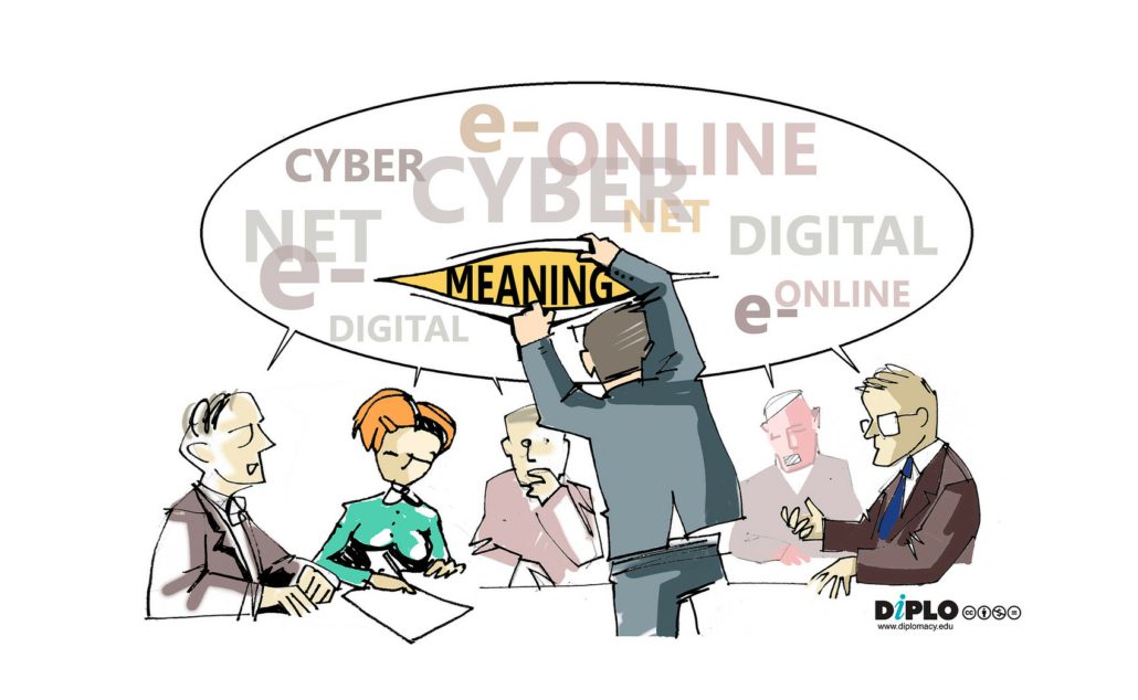 The image shows an illustration of a meeting with a collective speech bubble, in which we see the terms cyber, net, e-, online, and digital. One member is ripping the fabric of this speech bubble to look beneath. Through the hole we see the word 'meaning'.