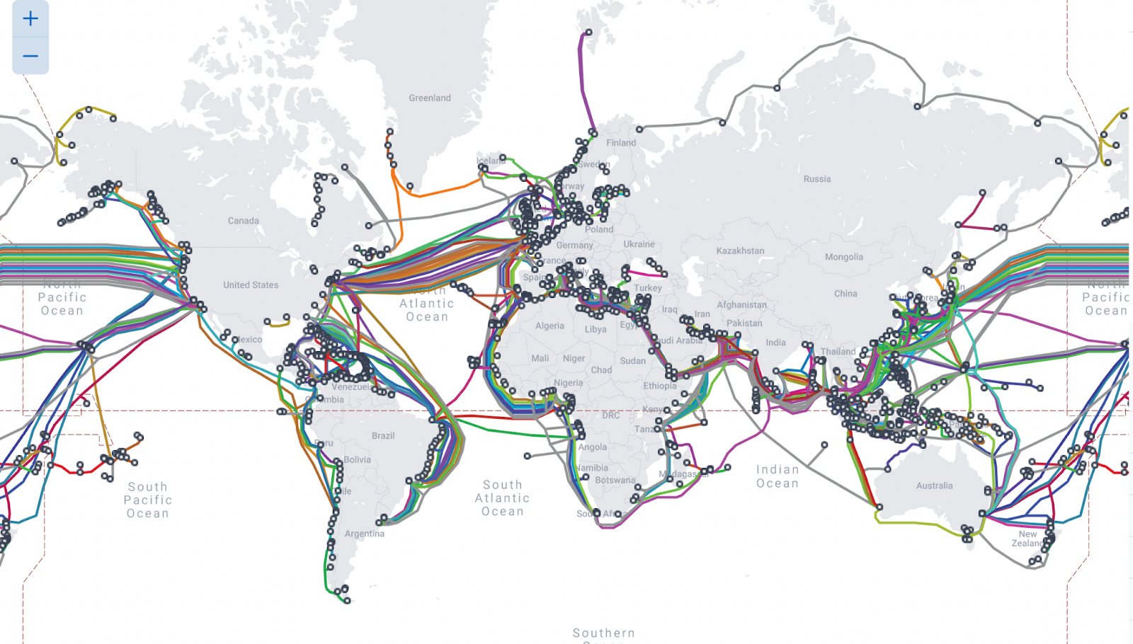 The image shows a world map depicting the paths of submarine cables
