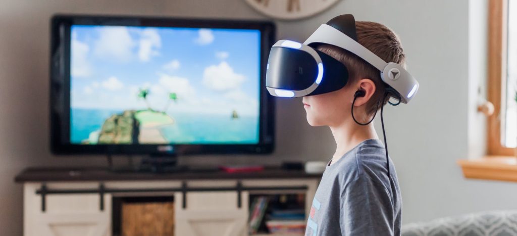 A child wearing a virtual reality headset.