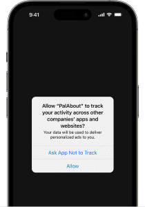 Screenshot from an iPhone shows a pop-up message asking whether the user wants to allow the app ‘PalAbout’ to track their activity across other companies’ apps and websites.