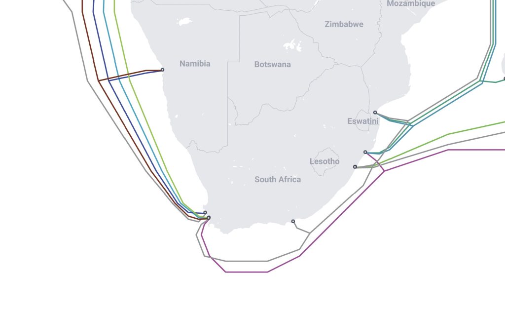 Map of submarine cables in Southern AFrica.