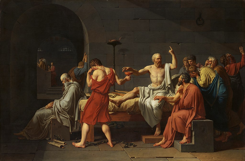 The Death of Socrates, oil on canvas by Jacques-Louis David. The Greek philosopher Socrates (469–399 BCE) was convicted of impiety by the Athenian courts; rather than renounce his beliefs, he died willingly, expounding on the immortality of the soul before drinking poisonous hemlock (The Metropolitan Museum of Art). 