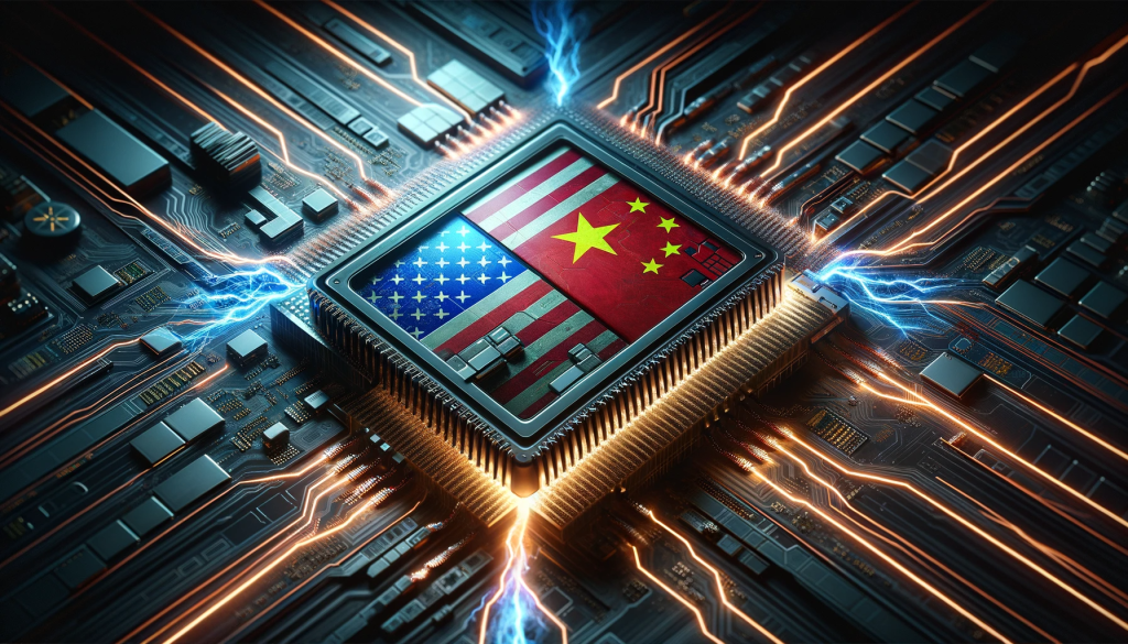 A microchip with the flags of the United States and China, surrounded by glowing circuit pathways with electrical sparks, symbolizes geopolitical tensions in the semiconductor industry.