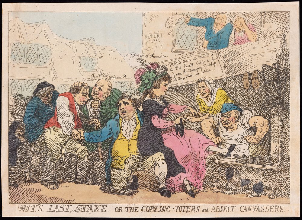 Thomas Rowlandson, Wit’s Last Stake, or The Cobbling Voters and Abject Canvassers (c. 1784): A satire on candidates grovelling before working-class voters – a portrait of democracy debased into bribery, flattery, and spectacle (various collections).