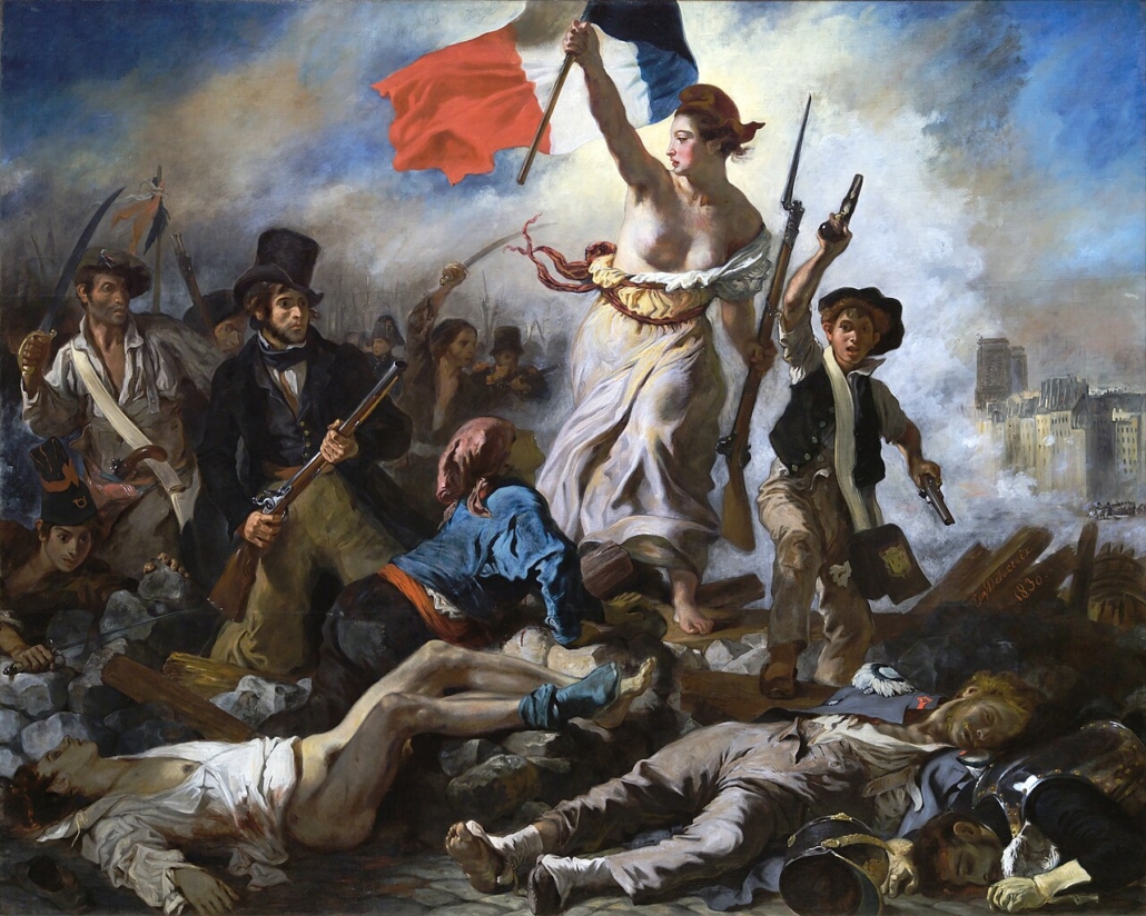 Liberty Leading the People by Eugène Delacroix (1830) depicts the July Revolution that toppled Charles X, transforming a spontaneous and turbulent uprising into an enduring emblem of national unity and historical inevitability.