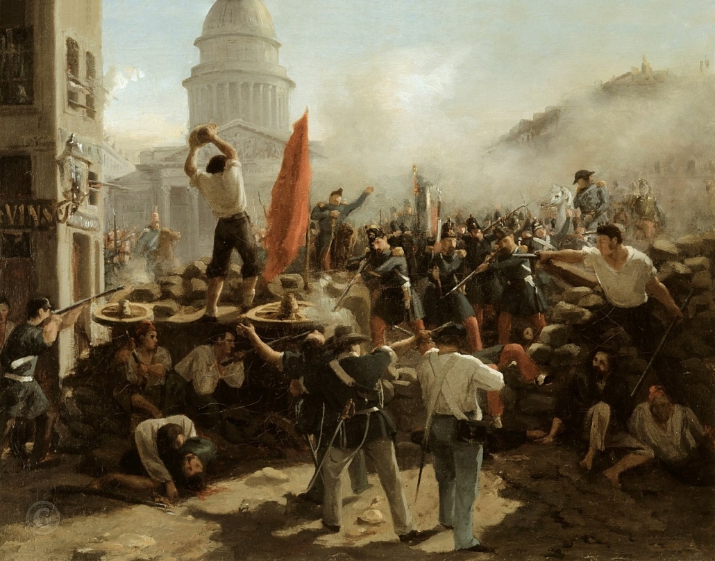 On the Barricades on the Rue Soufflot by Horace Vernet (1848) portrays the June Days uprising, when Parisian workers rebelled against the Second Republic, later reimagined as a clear step in history’s march despite its chaotic and contingent nature.