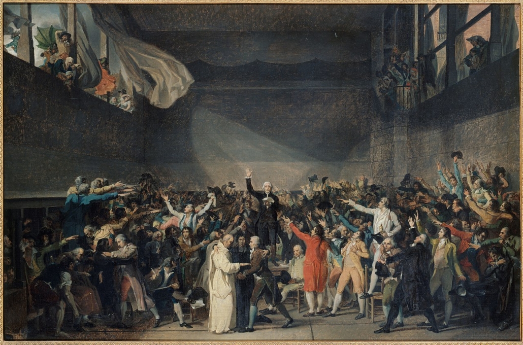 The Tennis Court Oath by Jacques-Louis David (1789) captures deputies of the Third Estate pledging unity against royal authority during the French Revolution, an episode later mythologised as the unified ‘will of the people’ despite the diversity of aims among participants.