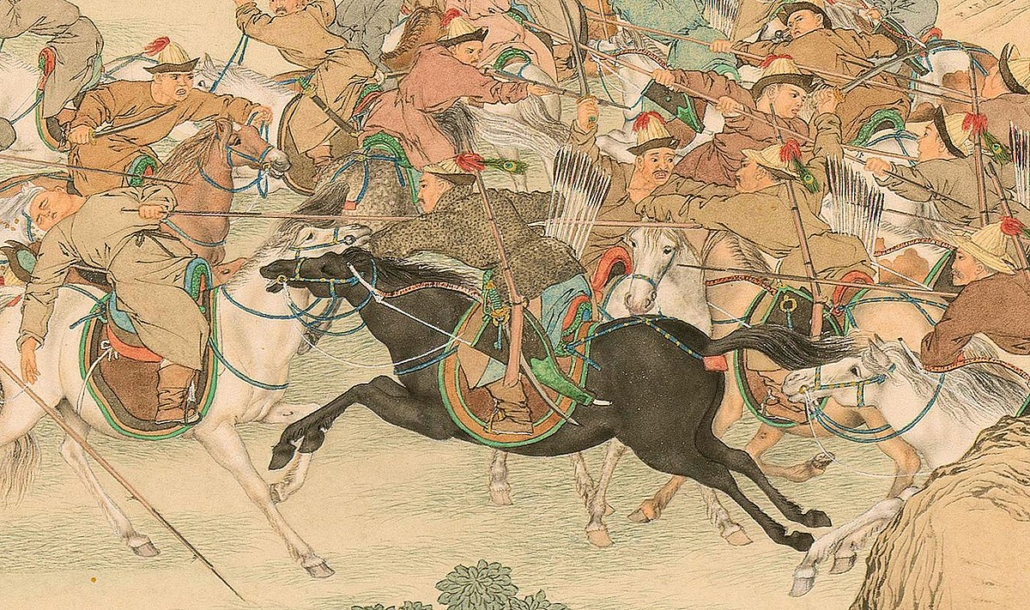 Nomad warrior Ayusi leading the charge against the Dzungar camp at Gadan-Ola (1755), by Giuseppe Castiglione. Public domain via Wikimedia Commons.