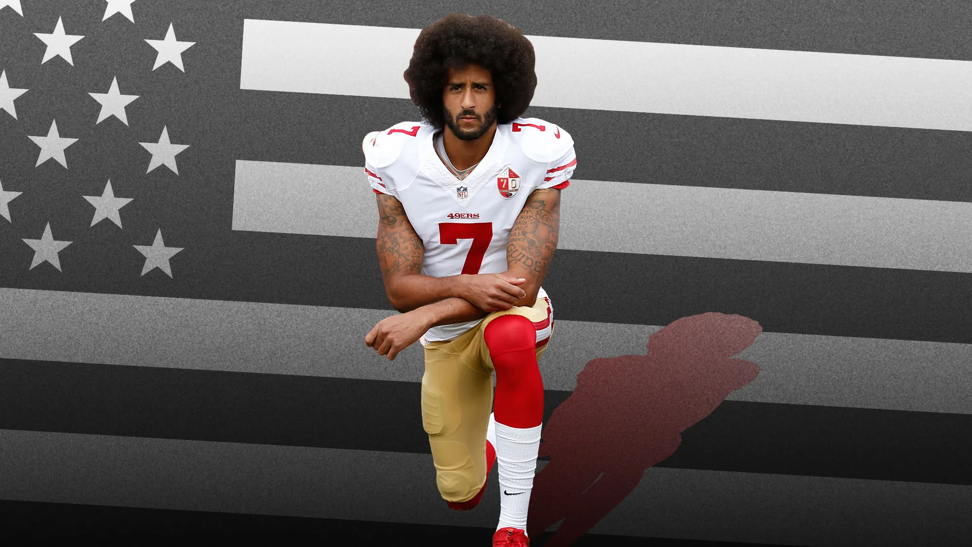 How sports diplomacy lost its innocence 3 The image shows a man in American Football kit kneeling in front of a black and white star spangled banner