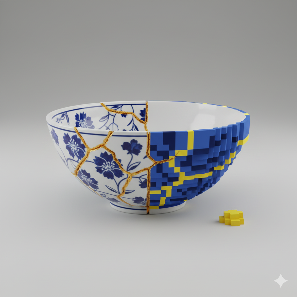Reflections on the documentary 'Abuse in the World of Online Games' 8 The image shows an AI generated kintsugi bowl that is half porcelain and half lego-like blocks.