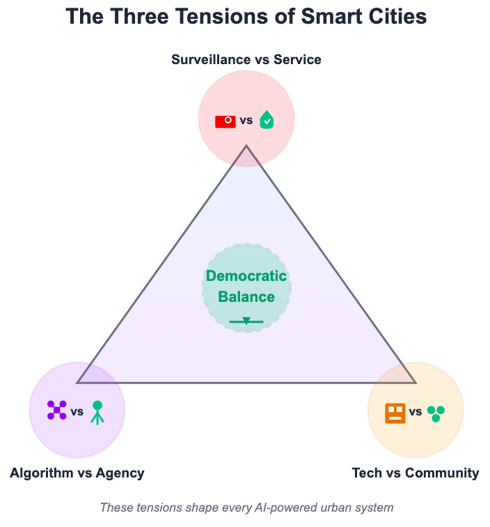 The image shows an infographic depicting the Three Tensions of Smart Cities. These are: surveillance vs service, tech vs community, and algorithm vs agency.