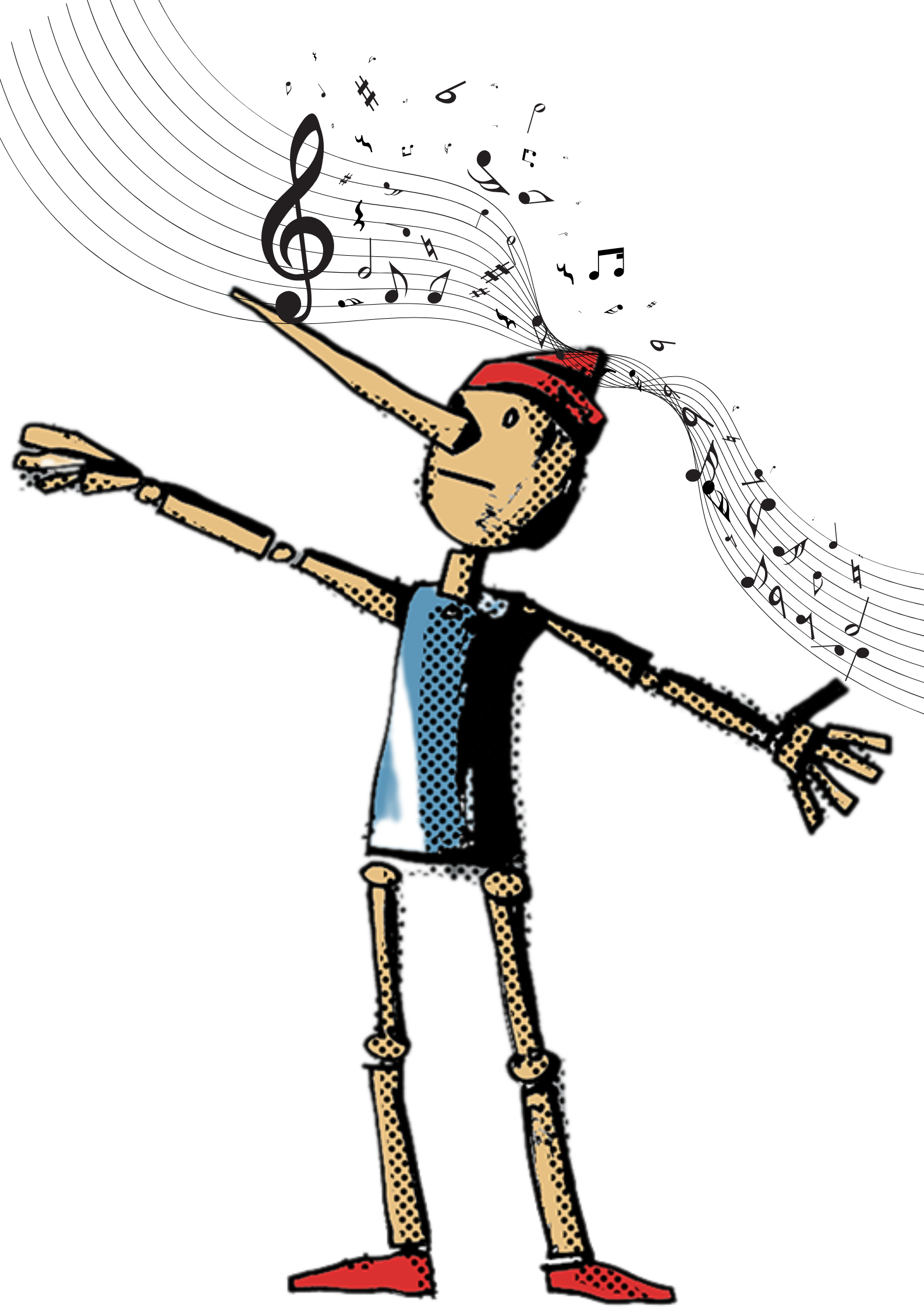 The image shows a drawing of Pinocchio