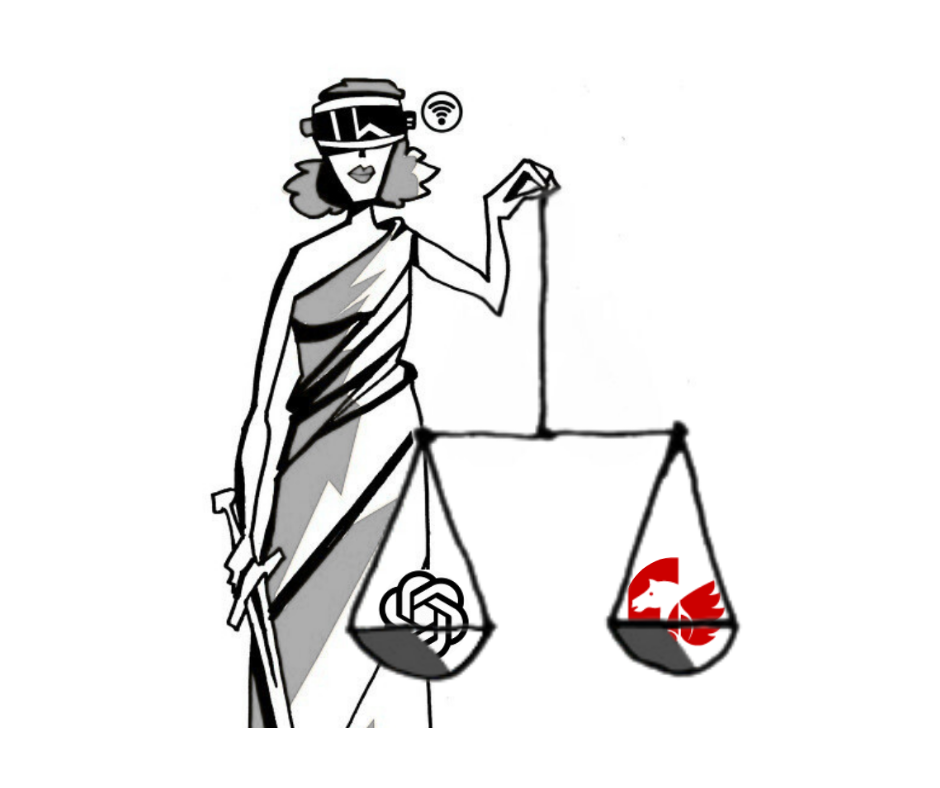 The image shows a sketch of lady justice