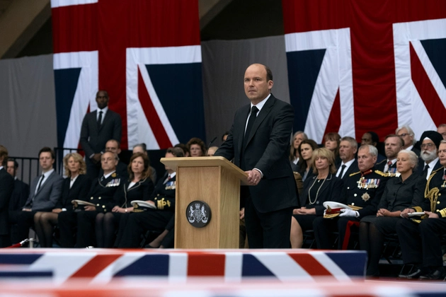 Diplomacy on screen: What ‘The Diplomat’ gets right (and wrong) 1 The image shows a man standing at a podium with a crowd of people in the background, with a bacldrop made of large British flags