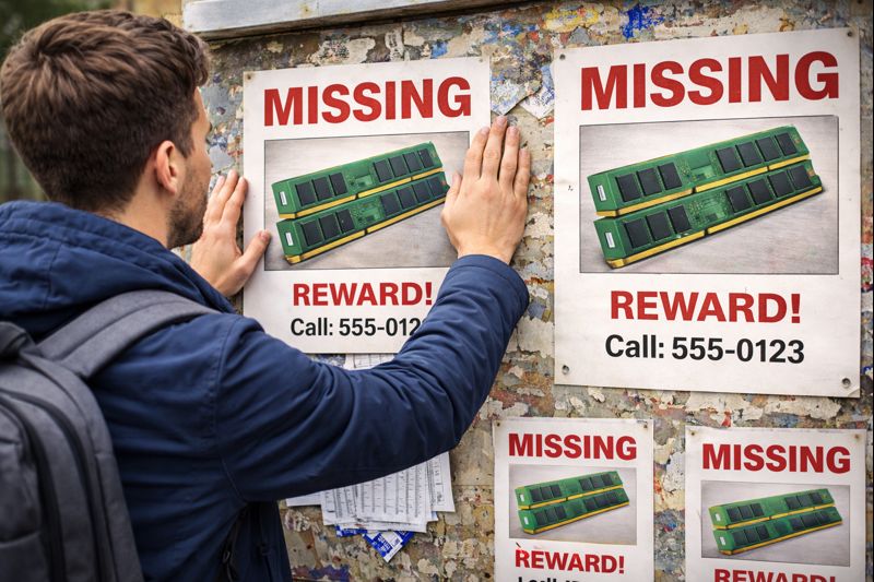 'All is fair in RAM and war': RAM price crisis in 2025 explained 1 Man putting up missing posters with a picture of RAM memory sticks on them.