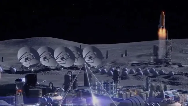 Space as a test of civilisation: Will the race to the stars unite or divide humanity? 3 The image shows a digital image of satelite dishes and other infrastructure forming a base on the moon.