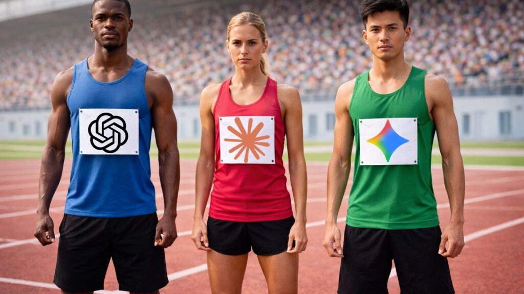Three runners at a starting line wearing bibs with AI company logos, symbolising competition over advertising and monetisation in AI models, initiated by ChatGPT