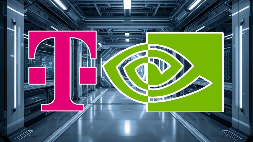 Deutsche Telekom and Nvidia logos inside a high-performance AI factory data centre supporting sovereign AI infrastructure