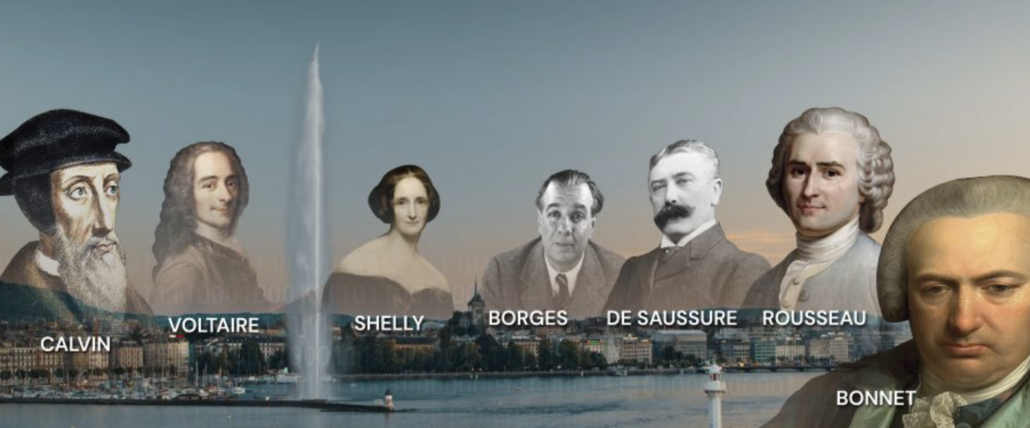 Water, Adult, Male, Man, Person, Female, Woman, Face, Head, People, Art, Collage, Architecture, Fountain, Outdoors, Nature, Valentin Haüy, Jehan Cauvin, Jean-Jacques Rousseau, Ferdinand de Saussure, Jorge Luis Borges, Voltaire, Mary Wollstonecraft Shelley