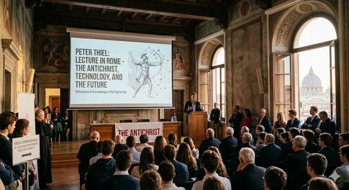 The image shows an AI generated image of Peter Thiel's lecture in Rome