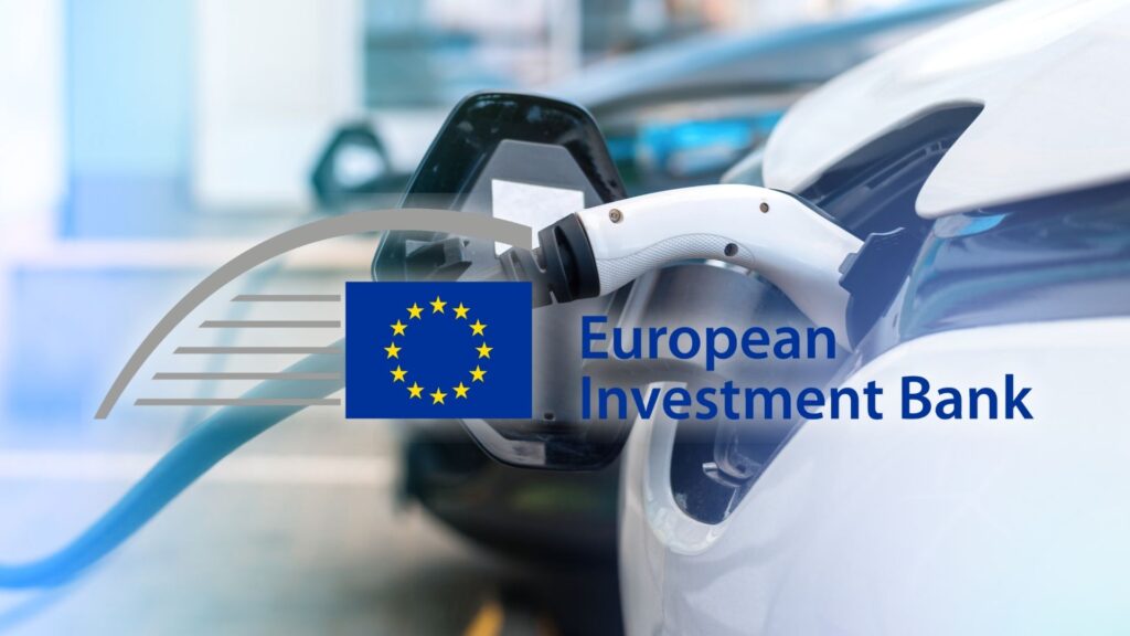 European Investment Bank (EIB) logo over an electric vehicle charging scene illustrating advisory support for electric mobility infrastructure in six Spanish cities