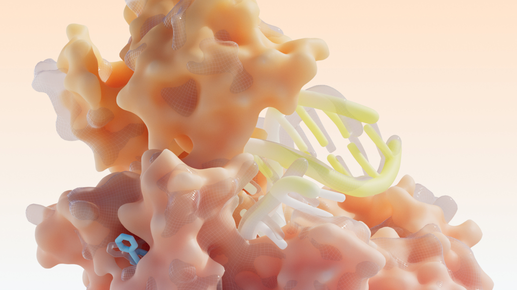 The image shows a generated image depicting the interface between biology and AI
