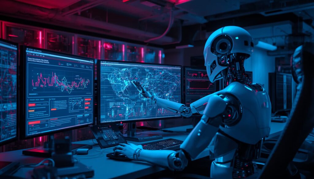 Autonomous agentic AI system monitoring cybersecurity threats through enterprise security dashboards and network maps