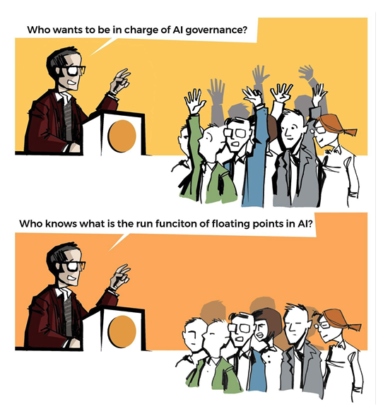 The image shows a cartoon with two slides. In the first a speaker asks the audience: Who wants to be in charge of AI governance? Many in the audience have their hands raised. In the second, the speaker asks: Who knows what is the run function of floating points in AI? Nobody in the audience has their hand raised