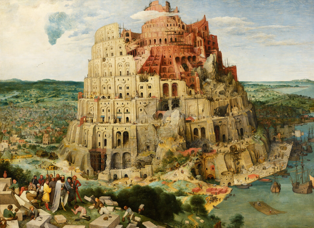 The image shows the painting The Tower of Babel by Peter Bruegel the Elder
