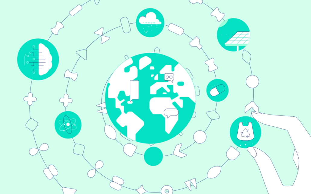 The image shows an illustration of the globe surrounded by science related icons