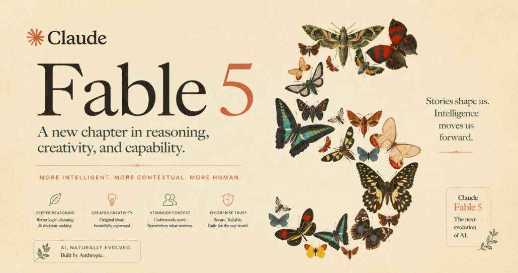 A digital poster for Claude Fable 5, with the tagline A new chapter in reasoning, creativity, and capability