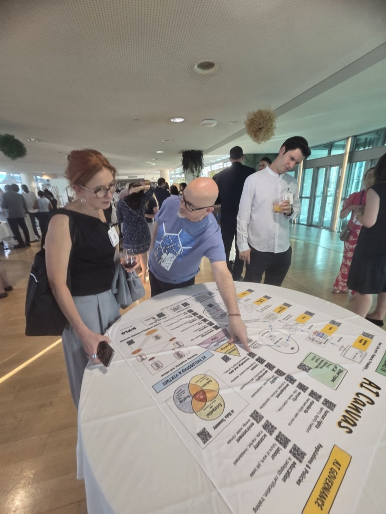 A photograph of people looking at the AI canvas