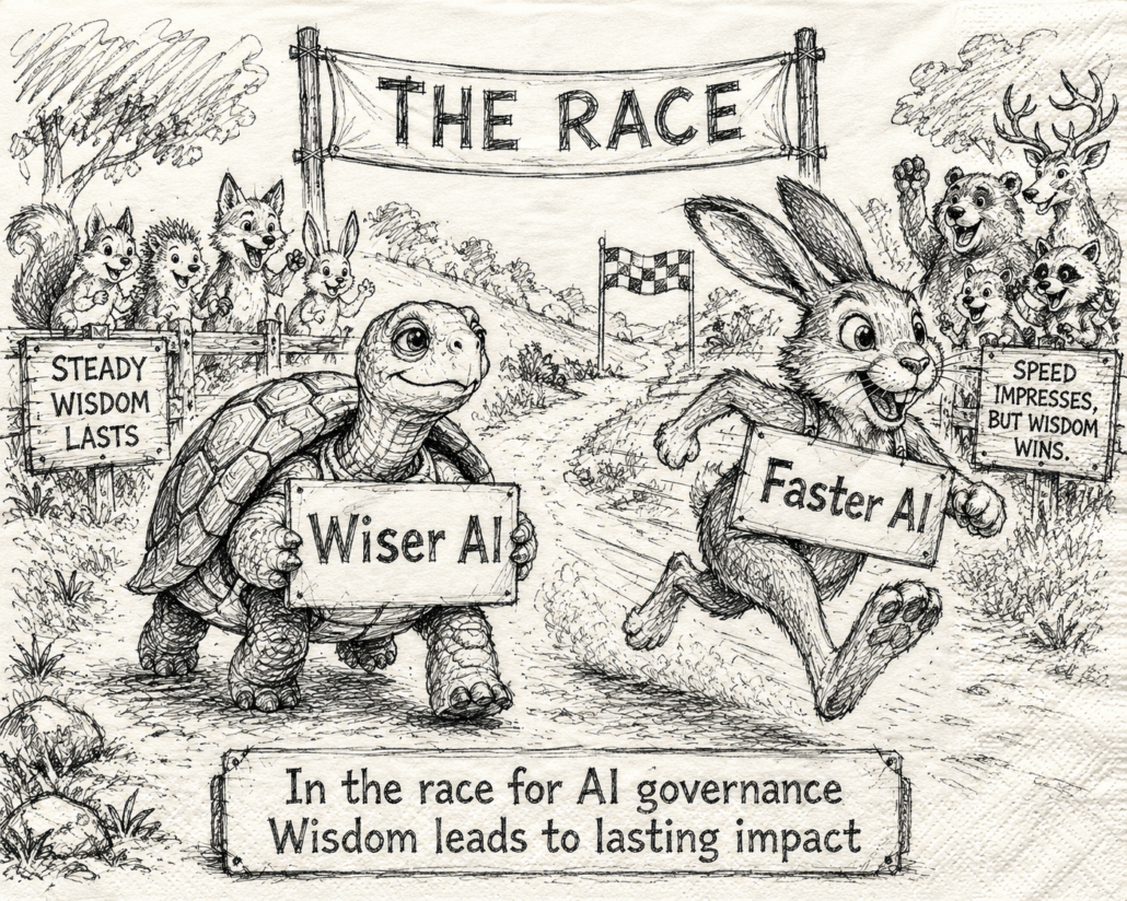 An AI-made illustration depicts the tortoise and the hare in a race