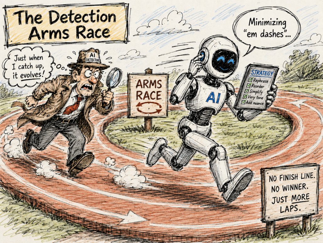An AI generated illustration entitled The Detection Arms Race shows a detective chasing a robot