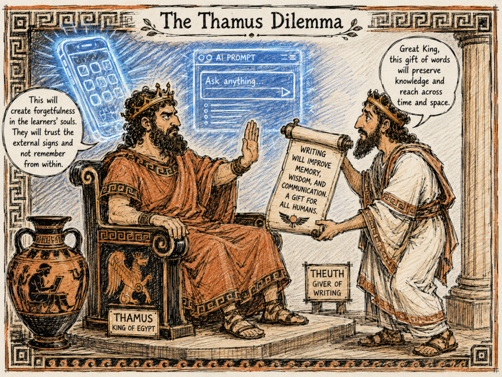 An AI Generated illustration entitled The Thamus Dilemma showing a kind on a throne receiving the gift of writing from Theuth