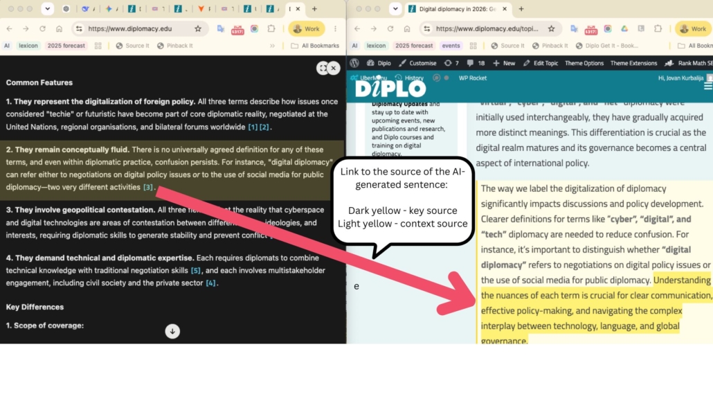 The image shows two screenshots of webpages with a webpage and an LLM