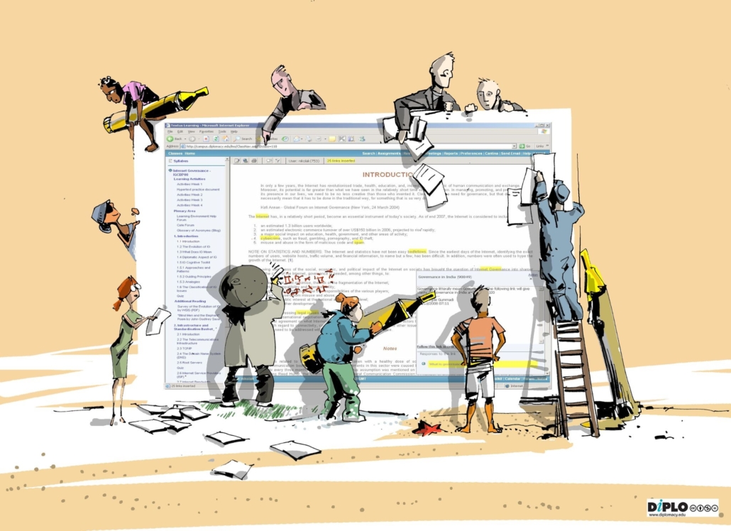 The image shows an illustration of several figures interacting with a web page as though it is a canvas