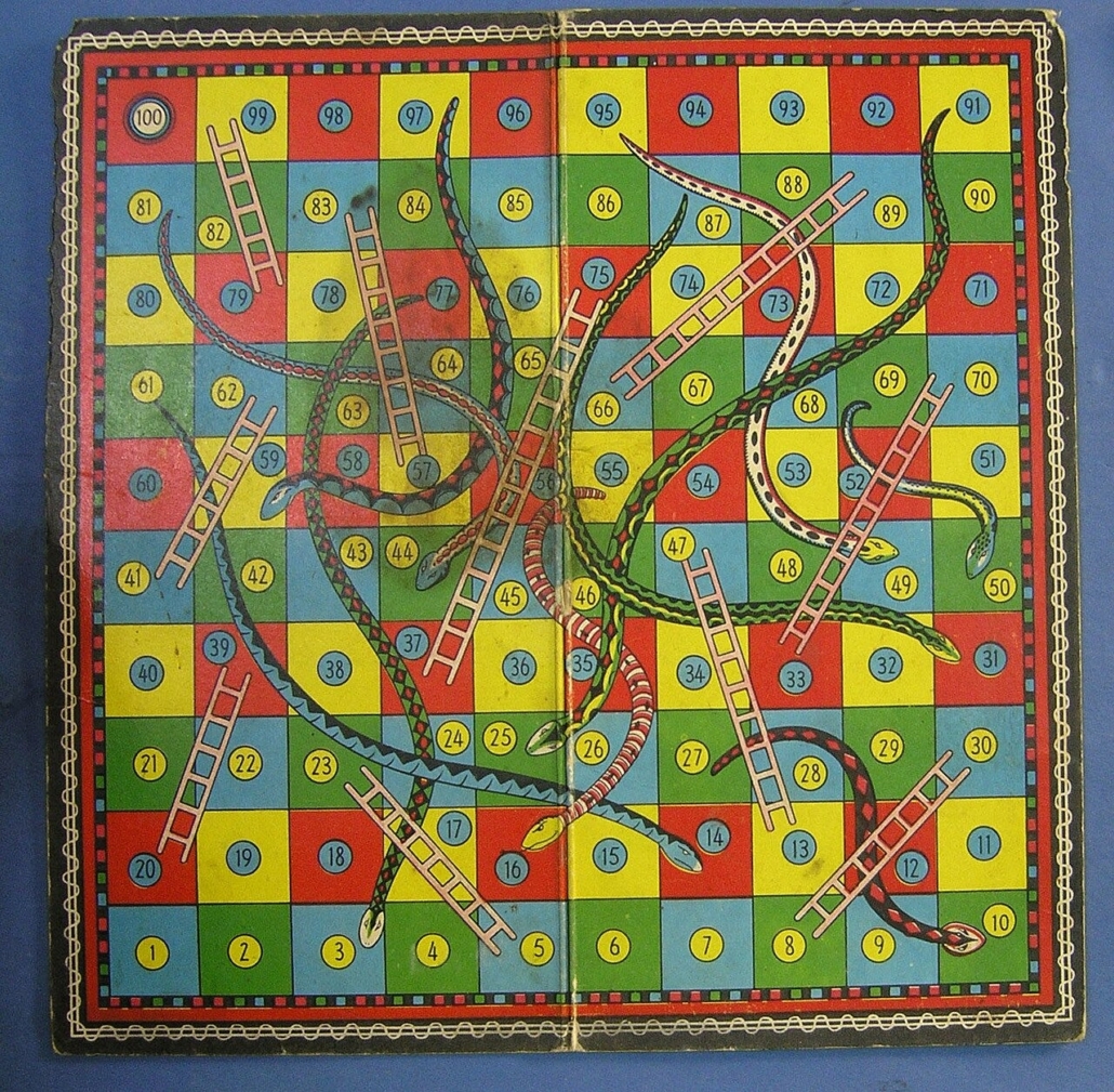 The image shows the board game Snakes and Ladders