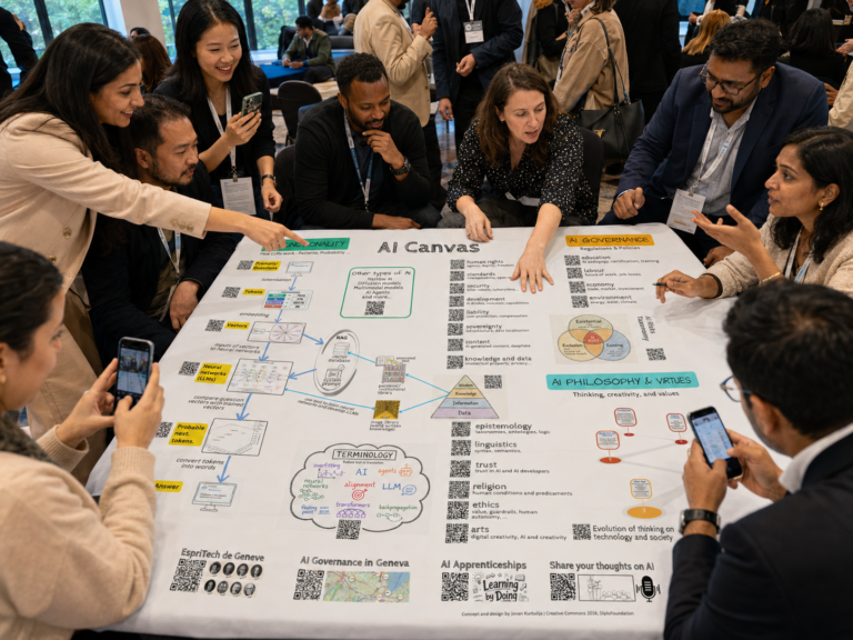 The image shows an image with people surrounding a table with the AI canvas laid on it