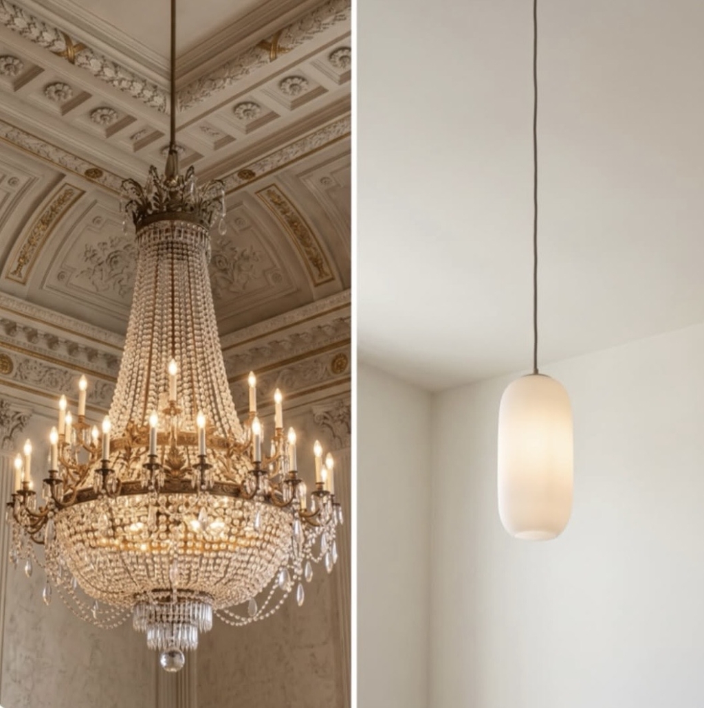 The image shows an elaborate chandelier next to a simple lamp