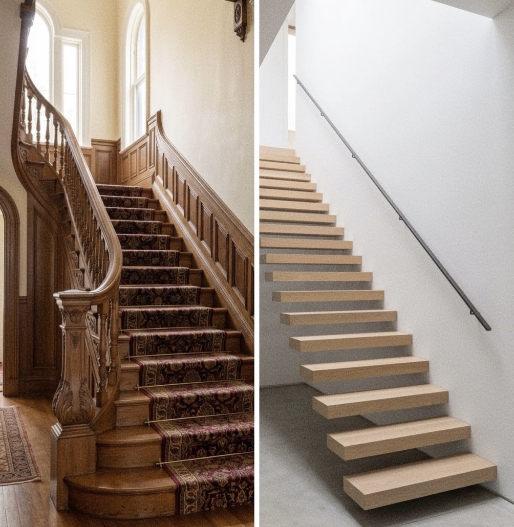 The image shows an elegant staircase next to a plain set of stairs