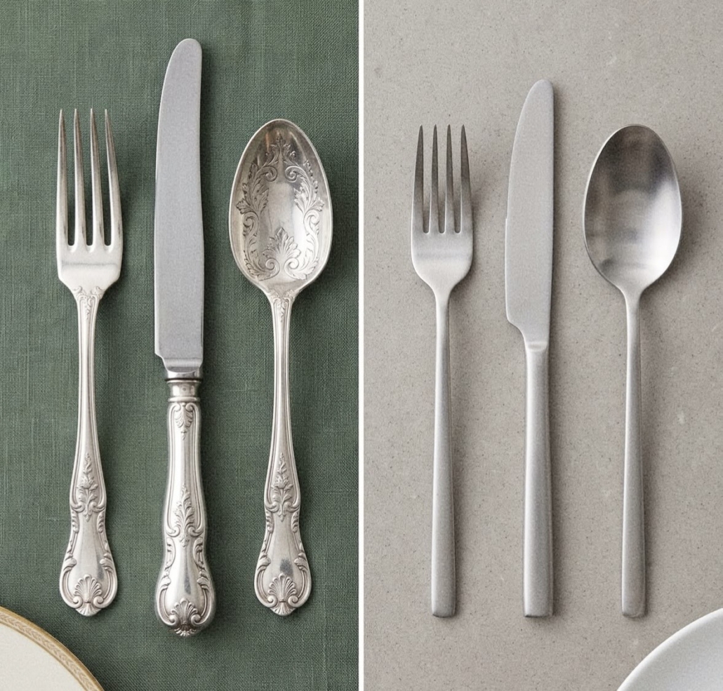 The image shows decorative silver cutlery next to plain steel cutlery