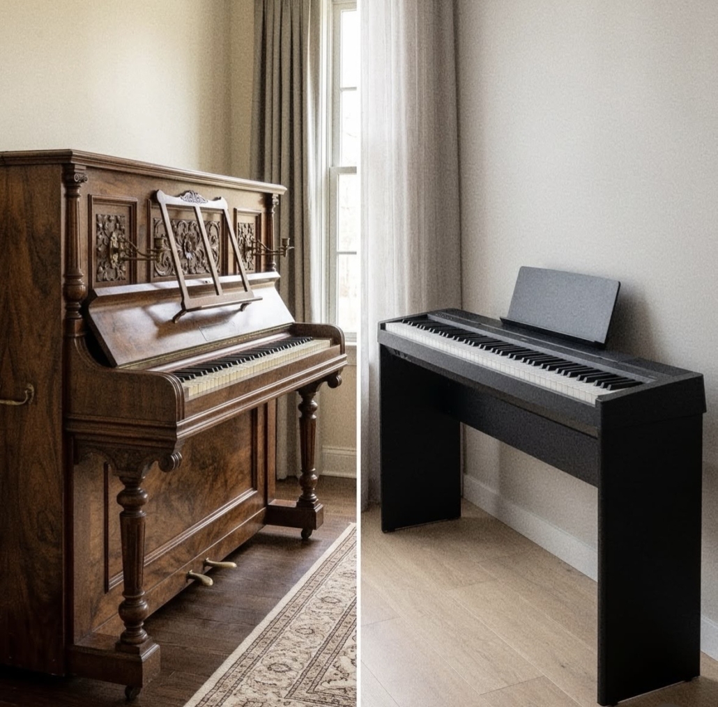 The image shows a carved wood panelled upright piano next to a plain black keyboard