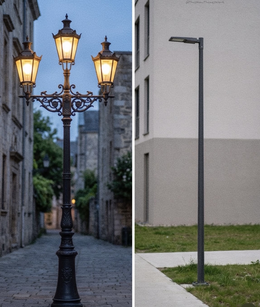 The image shows elaborate decorated street lights next to a plain street lamp