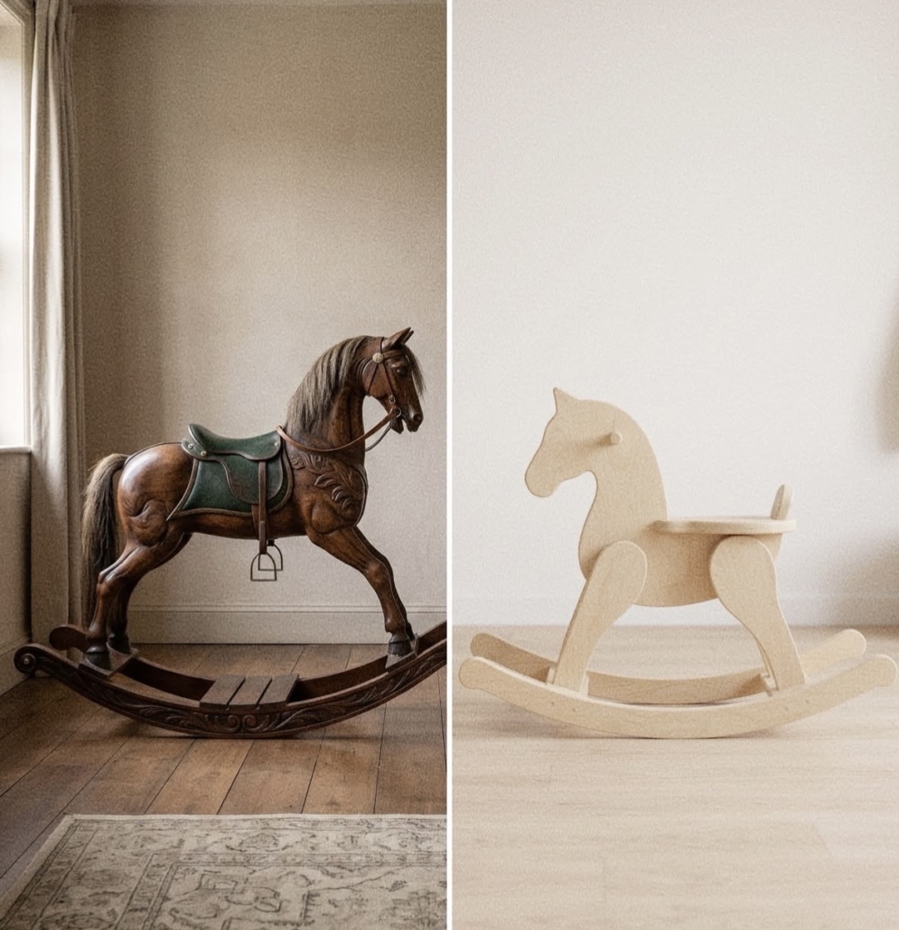 The image shows a carved old wooden rocking horse next to a simple rocking horse made of sheet wood