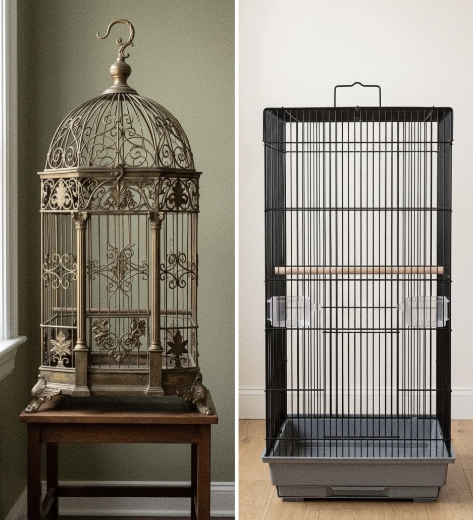 The image shows an elaborate octagonal bird cage next to a simple functional rectangular bird cage